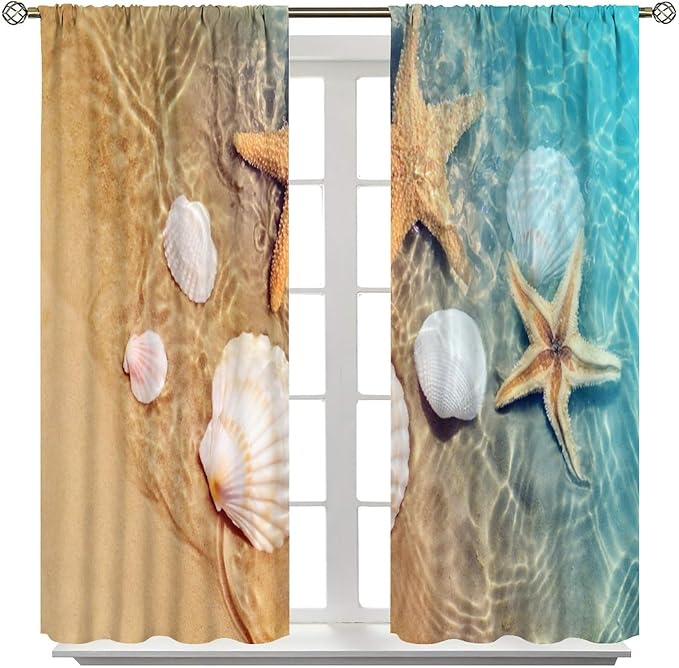 Beach Curtain for Bathroom Decor,Sea Turtle Starfish Seashell Nautical Ocean Coastal Scenery Art Printed Fabric Polyester Waterproof Set 2 Panels,42x54 Inches