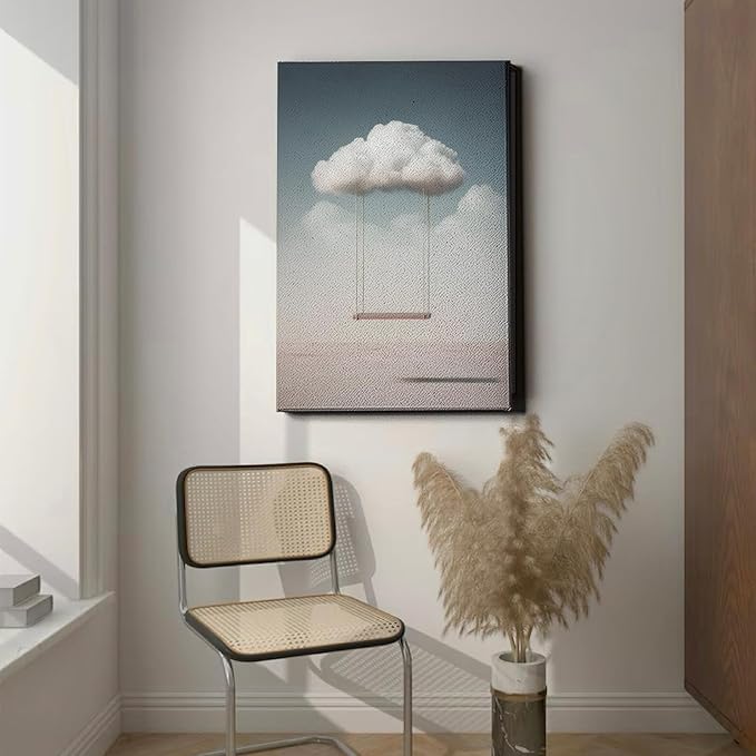 Clouds Wall Art Modern Abstract Prints Modern Clouds Art White Cloud Poster Swing Painting Nature Landscape Prints Cloud Swing Wall Art Blue Sky Poster Minimalism Abstract Picture 16x24inch Framed
