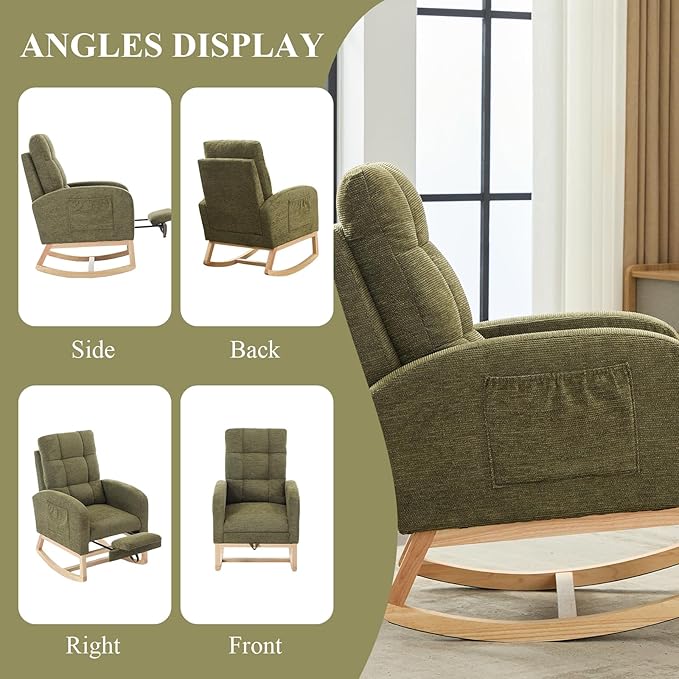 Nursery Rocking Chair, Polyester Upholstered Glider Chair with Footrest, Comfy Rocker Chair, Accent Chair with High Backrest, Glider Rocker, Armchair for Living Room (Green Linen)