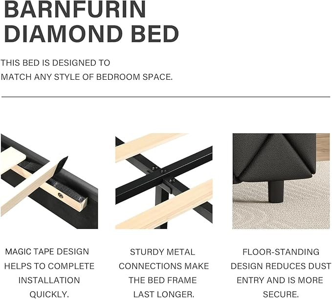 BarnFurin Twin Bed Frame with Headboard, Upholstered Bed with Diamond Tufted Design, Kids Bed Frame with Wooden Slats Support, No Box Spring Required, Easy Assembly, Black
