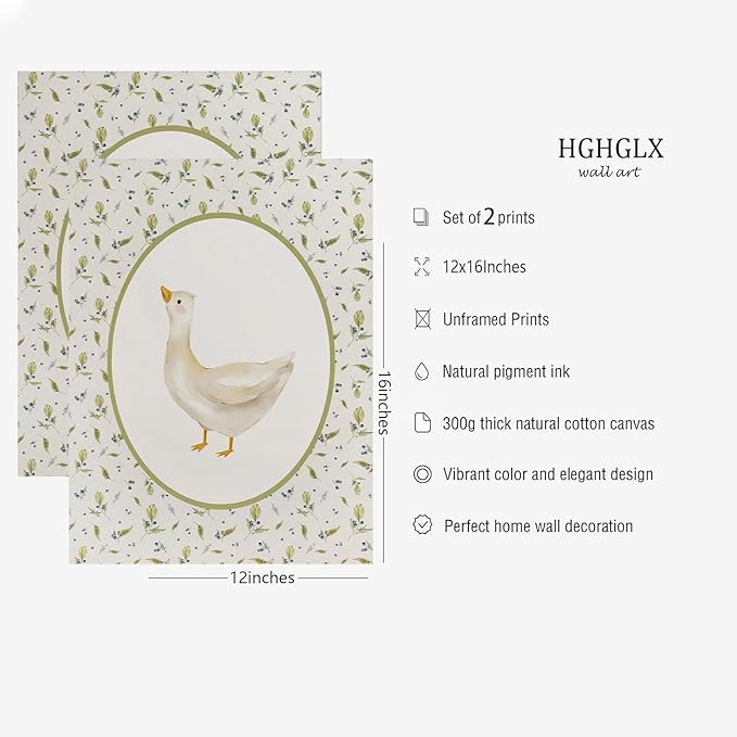 Vintage Nursery Wall Art Kid's Room Wall Decor Animal Picture Farmhouse Poster Baby Room Poster Cute Goose and Bunny Picture Set Of 2 Rabbit Duck Prints 12x16 Inch UnFramed for BedRoom Children's Room
