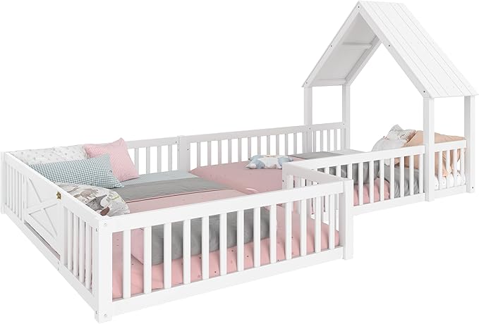 Harper & Bright Designs Full Size House Shaped Double Floor Bed with Door and Full-Length Guardrails, Solid Wood Kids Montessori Floor Bed for Girls Boys, Multi-Function, White