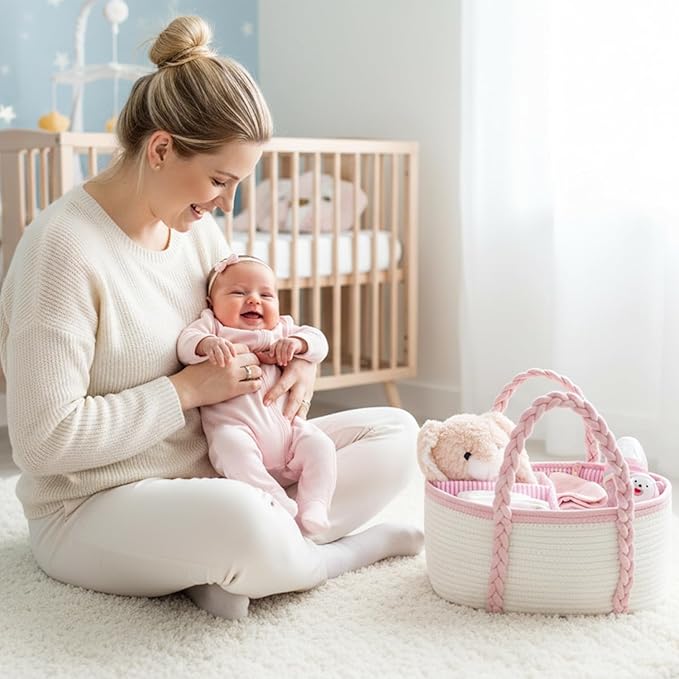 Baby Diaper Caddy, Portable Diaper Organizer for Changing Table, Car Travel Girls Shower Gifts Newborn Essentials, Cotton Rope Nursery Storage Basket for Girls (White&Pink)