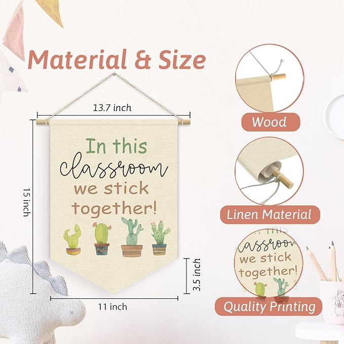 Plant Classroom Decor, in This Classroom We Stick Together Linen Canvas Banner, Teacher Must Haves, Positive Affirmations Wall Hanging Pennant Flag Banner for Preschool Homeschool Decor, 15x11in