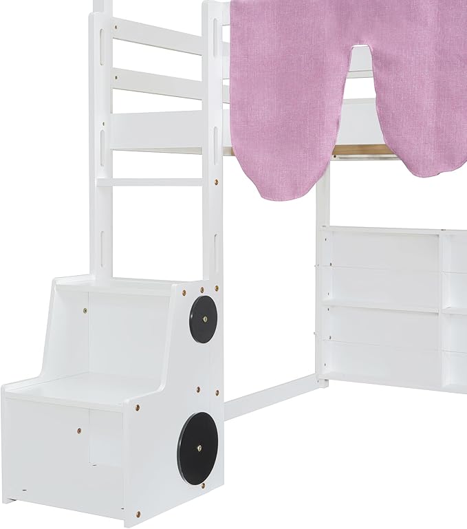 Playhouse Design Full Size Wood Loft Bed with Slide and Tent, Low Loft House Bed Frame with Storage Shelves and Removable Car-Shaped Staircase for Kids Teens Boys Girls Bedroom (White-PT)