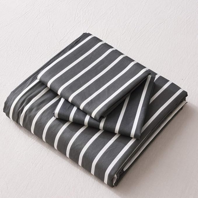 JELLYMONI 100% Natural Cotton 2pcs Striped Duvet Cover Sets, Dark Grey Duvet Cover with White Stripes Pattern Printed Comforter Cover, with Zipper Closure & Corner Ties(Twin Size)