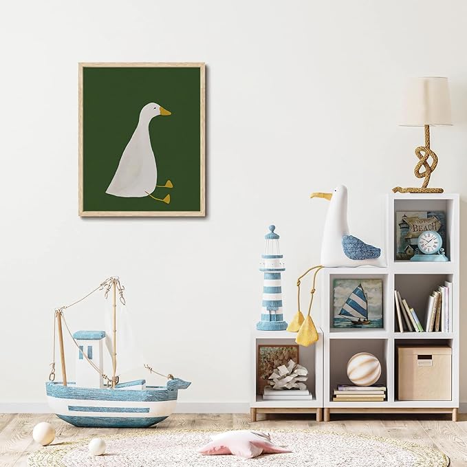 KISSFOX Framed Wall Art Nursery Wall Decor Silly Goose Pictures Kids Cute Animal Canvas Art Green Minimalist Paintings Artwork For Children Boys Girls Room