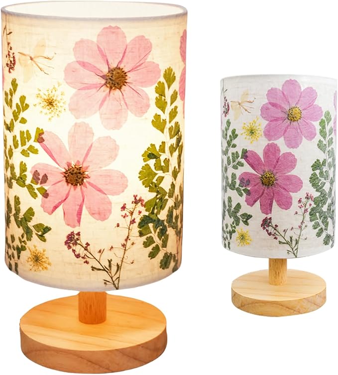 Dried Flowers Small Table Lamp 5W LED 3-Color Pressed Flower Bedside Lamp Linen Shade with Wood Base for Bedroom Living Room Desk Nursery
