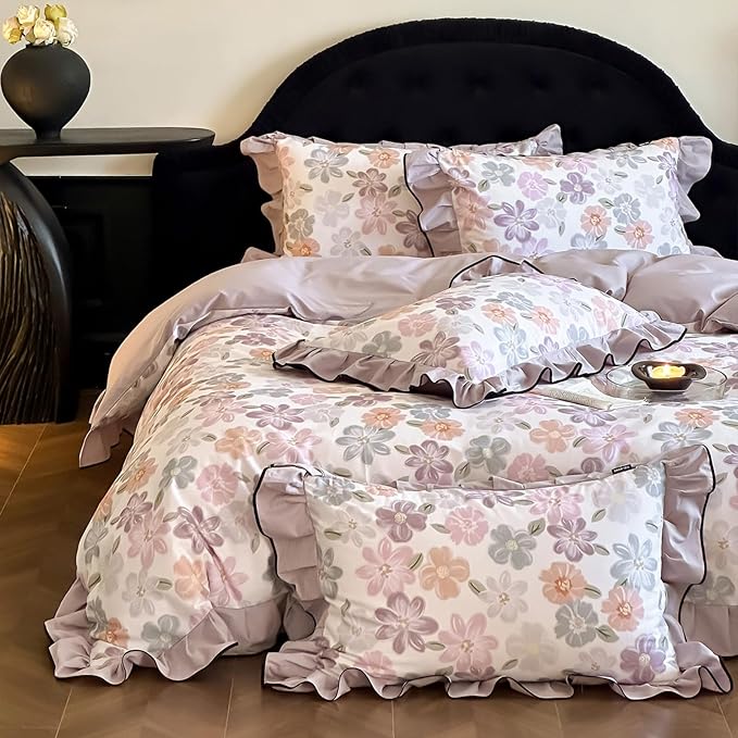 HighBuy Chic Floral Ruffle Duvet Cover Full Size,Boho Vintage Brushed Cotton Floral Bedding with Ruffle,Durable Bedding,Farmhouse Comforter Cover Sets 1 Duvet Cover and 2 Pillowcases
