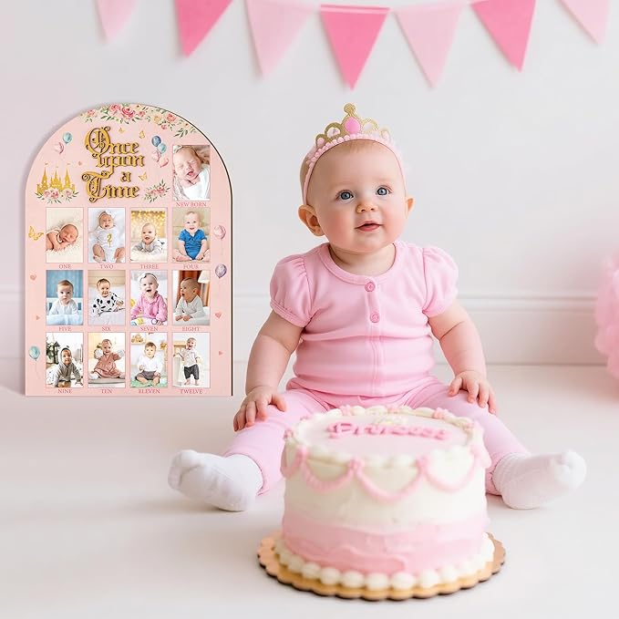 R HORSE My First Year Photo Display Wood Board - 3D Princess Baby's First Year Picture Frame, 12 Months Fairytale Castle Milestone Board Baby Keepsake Gift 1st Birthday Nursery Decor for Girl