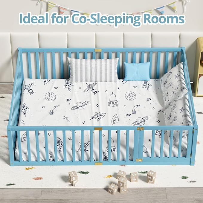 LLS Queen Size Floor Bed with 21.6" High Fence for Kids Boys Girls, Solid Wood Multifunctional Montessori Bed Frame with Door, Without Slats, Sky