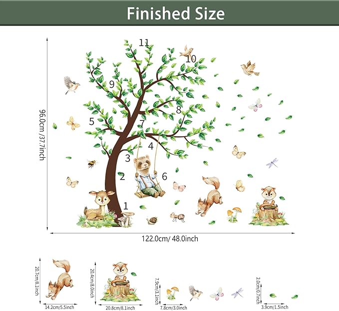 Jungle Animals Wall Decals Woodland Nursery Animals Large Tree Wall Stickers Watercolor Ferret Deer Fox Squirrel Home Decal Stickers for Baby Nursery Kids Bedroom Toddler Room Wall Decor