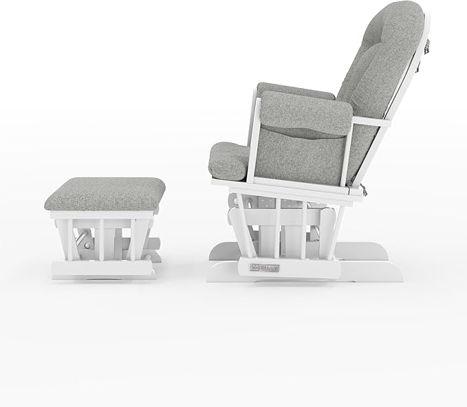 Child Craft Cozy Glider Rocker and Ottoman Set, Padded Cushion with Convenient Storage Pockets, Solid Wood Base & Frame (Matte White with Gray Cushion)