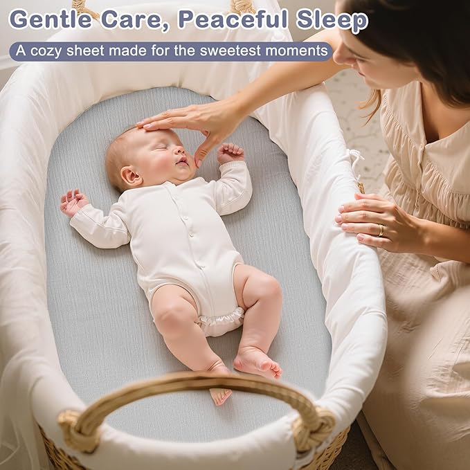 Basumee Muslin Bassinet Sheets for Baby Girl Boy 2 Pack Soft Breathable Baby Bedside Bassinet Fitted Sheets with Bottom Elastic Band 33''x17''x4'' Mattress Cover for Rectangle Oval Hourglass Bassinets
