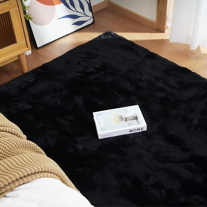 Latepis Small Black Fluffy Rug 2x3 Throw Faux Rabbit Fur Soft Rug Washable Furry Shag Rugs for Bedroom, Dorm, Nursery, Chair Seat Cover, Shaggy Cute Rugs for Room