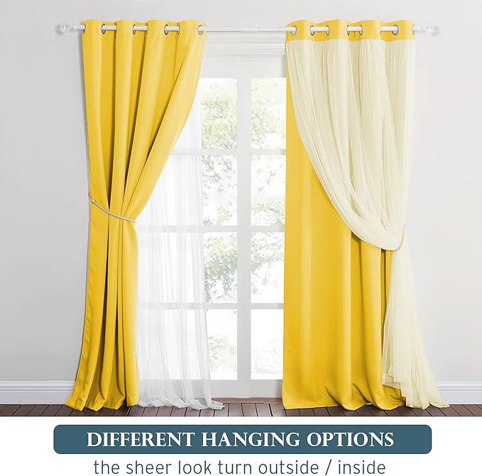 PONY DANCE Curtains 84 Inch Length - Double Layered Curtain Mix and Match Room Darkening Curtains with White Sheer Overlay Elegance Window Drapes for Kids Room with Tiebacks (One Pair, Lemon Yellow)