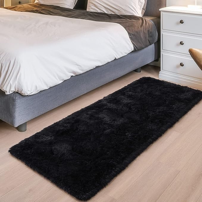 Merelax Soft Fluffy Rugs for Bedroom Living Room, 2x6 Hallway Runner Rugs, Furry Shag Bedside Area Rug Indoor Accent Floor Carpet, Plush Fuzzy Rug for Dorm Nursery Kids Room Decor, Black