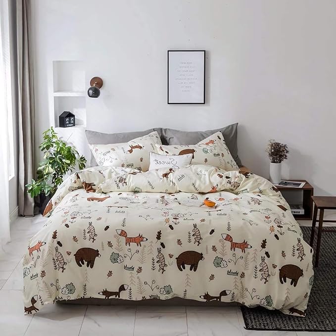 Jumeey Toddlers Bear Bedding Twin Girls Rabbit Cartoon Duvet Cover Sets Boys Kids Forest Fox Pattern Animal Bedding Set Twin Cute Yellow Woodland Duvet Cover