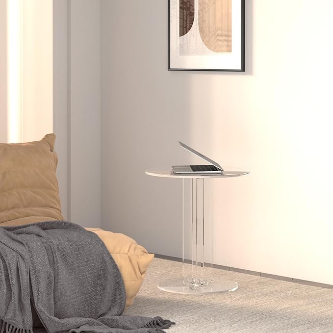 Round Acrylic Side Table, Modern Accent End Table, Minimalist Bedside Night Stand, Small Coffee Tables for Living Room Office Bedroom Indoor Home Decor, Transparent
