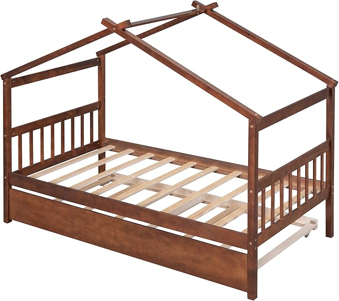 Merax Twin Size Wooden House Bed with Trundle, Wood Bed Frame with Roof for Kids, Teens, Boys or Girls, Walnut