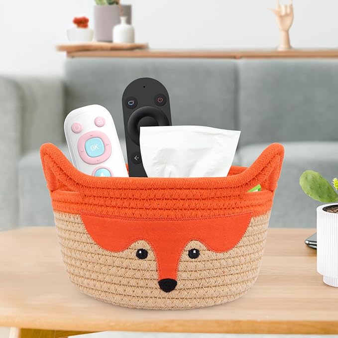 Small Storage Basket, Cute Fox Animal Gift Basket for Nursery, Woven Rope Cotton Storage, Soft Baby Towel 0rganizer with Ears Handles, Caddy Blanket Towel Decor Storage Bin, 8.2"D x 4.7"H in