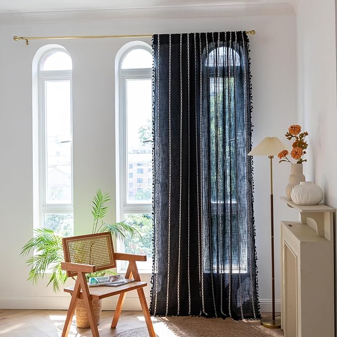 Deeprove Black Boho Curtains 108 inches Long for Bedroom Living Room, Vintage Bohemian Style Embroidery Stripe Tassel Farmhouse Cotton Linen French Door Window Treatments Decor, W52 x L108, 1 Panel