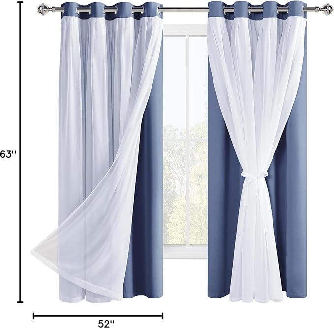Hiasan Blackout Curtains with Sheer Overlay, Thermal Insulated Mix & Match Double Layer Room Darkening Window Curtains for Bedroom,Living Room,Nursery 2 Panels with Tiebacks (52W X 63L,Blue Haze)