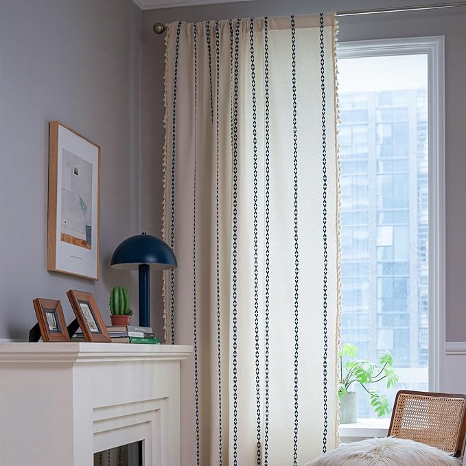 Deeprove Navy Blue Boho Curtains 63 inches Length for Kitchen, Vintage Bohemian Embroidery Farmhouse Cotton Linen Striped French Country Tassel Window Treatments Decor, W52 x L63, 1 Panel