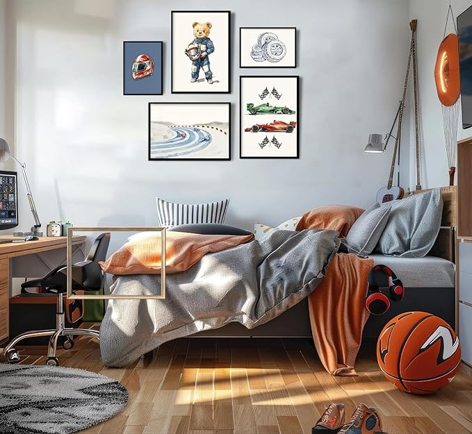 BMFLFWXE Vintage Racing Car Nursery Wall Art Teddy Bear Pictures Wall Decor Boy Navy Blue Vehicle Posters Retro Sport Painting Canvas Print Artwork for Kids Boy Room Playroom, Unframed