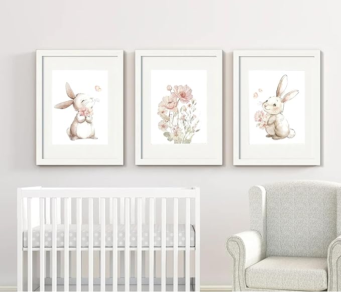 Pink Girl Nursery Bunny Canvas Wall Art Cute Rabbit Wildflowers Painting Pictures Wall Decor Botanical watercolor Flower Poster printing artwork For Baby Boys and Girls Playroom paintings Unframed