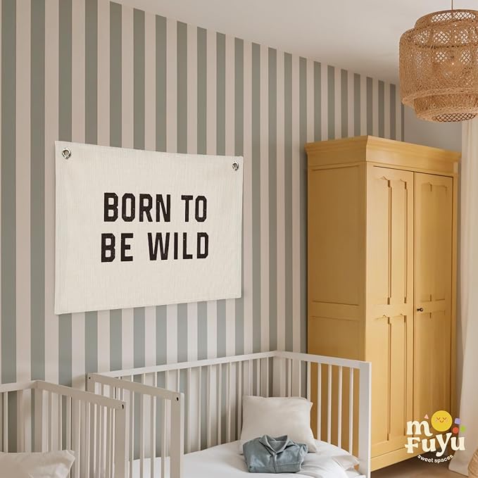 Born To Be Wild Linen Canvas Banner, Boys Kids Room Wall Hanging Banner Flag Decor for Playroom Bedroom Nursery, 30x20 Inch