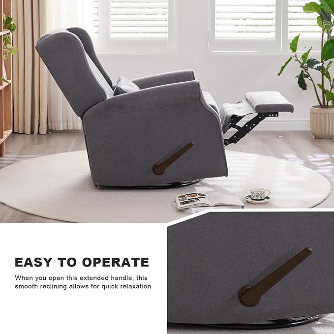 Nursery Swivel Glider Recliner,Rocking Chair Nursery with Footrest,Rocking Recliner Chair for Nursery,Glider Rocker Recliner for Living Room & Bedroom,Grey