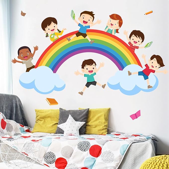 Watercolor Rainbow Wall Decals Educational Wall Stickers for Kids Room, Large Rainbow Cloud Wall Decor Students Reading Art Murals Peel and Stick Decorations for Nursery Classroom