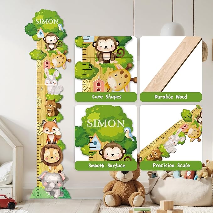 Personalized Name Wooden Growth Chart for Wall - Forest Animal Stack Size Height Chart for Kids, Growth Measuring Board and Kids Height Wall Chart, Children Playroom Decor