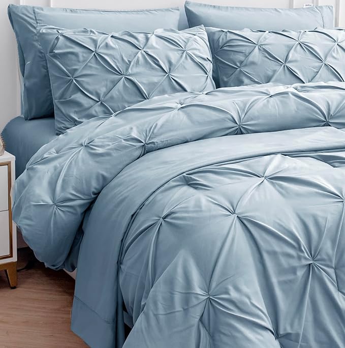 Lane Linen Twin Comforter Set with Sheets, Pillowcase & Sham - Bed in a Bag, 5 Piece - Pintuck - French Blue