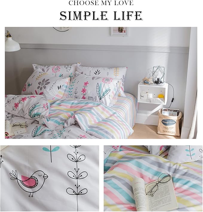 HighBuy Floral Duvet Cover Twin Bedding Set 3 Piece White Bedding Sets Cotton Garden Boho Aesthetic Comforter Cover for Boys Girls Kids Reversible Striped Bedroom Collections,Style03