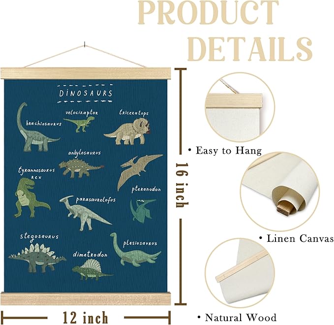 BCUANGD Dinosaur Dino Wall Decor - Dark Blue Baby Toddler Boys Room Wall Art Poster Hanger with Wood Frames, Inspirational Wall Hanging Canvas Decor for Kids Room Nursery Bedroom, 12x16 Inches