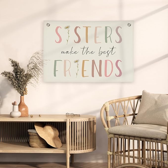Girls Room Decor, Sisters Make The Best Friends Wildflower Wall Decor Banner Flag for Sisters Room Decoration,Boho Nursery Decor Baby Girls Toddler Kids Bedroom 30x20,girlroom