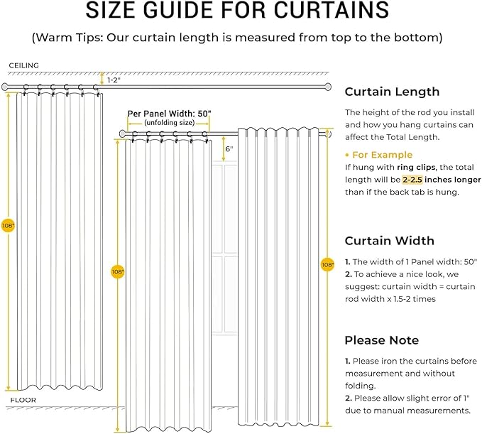 INOVADAY 100% Blackout Curtains for Bedroom, Black Out Curtains 108 Inch Long, Clip Rings Linen Blackout Drapes, Thermal Insulated Room Darkening for Living Room, 2 Panels - Stoic Gray,W50xL108