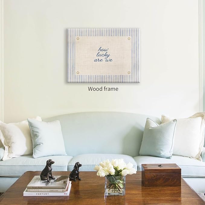How Lucky Are We Quote Wall Art Navy Blue Positive Affirmations Poster 24x36 inch Framed Trendy Minimalist Aesthetic Canvas Prints for Dorm Bedroom Wall Decor