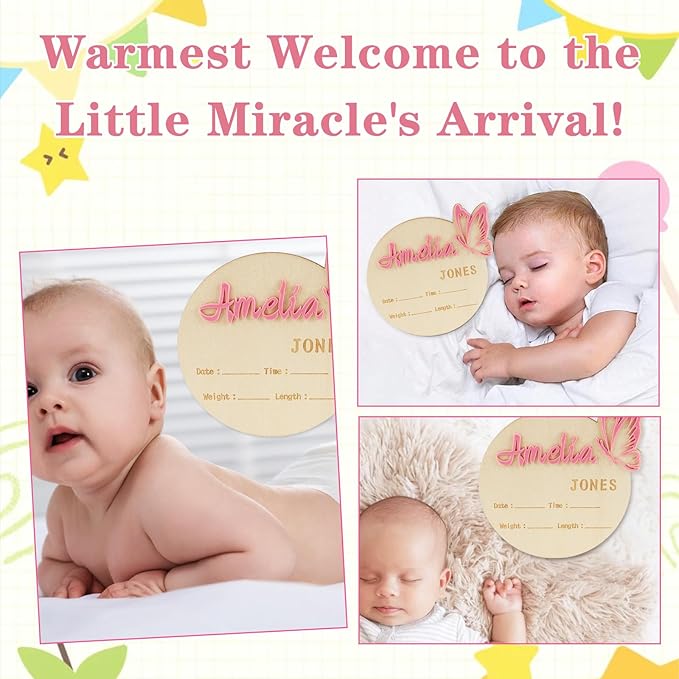Personalized Baby Announcement Sign Custom Birth Newborn Announcement Sign for Hospital Wooden Baby Name & Footprint Sign Photo Prop Shower Gift (Butterfly)