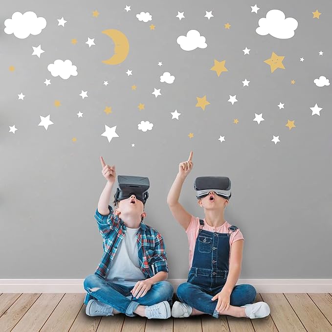 Crescent Moon Stars and Clouds Wall Decals Moon and Stars Nursery Wall Stickers Starry Sky Playroom Decor Kids Rooms Mural Kids Room Wall Art Y59 (White,Gold)