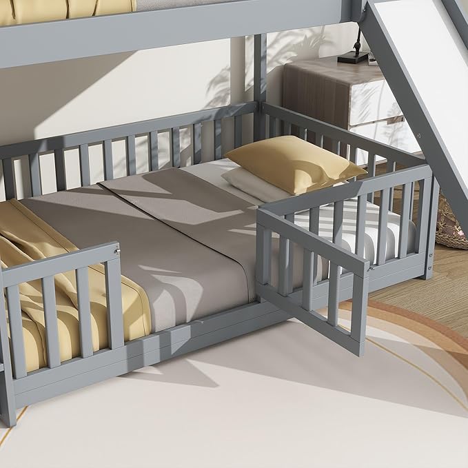 Twin Over Twin Bunk Bed with Slide and Ladder, Wood Floor Bunk Bed Frame with Door and Safety Guardrails for Kids Teens Boys Girls, No Box Spring Needed
