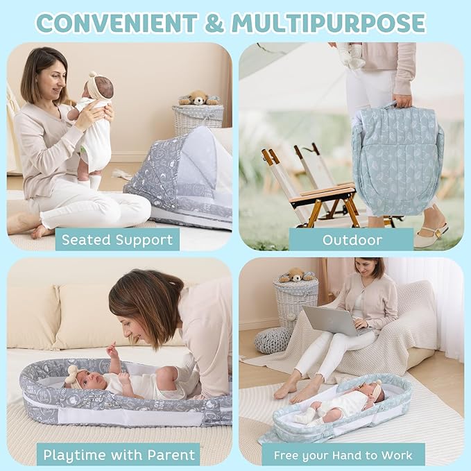 Portable Baby Lounger Bag, Foldabl Babies Nest with 2-in-1 Removable Mosquito Net, Infant Travel Nest Lounger, Easy Setup and Storage for Outdoors Indoors - Baby Registry(Gray)