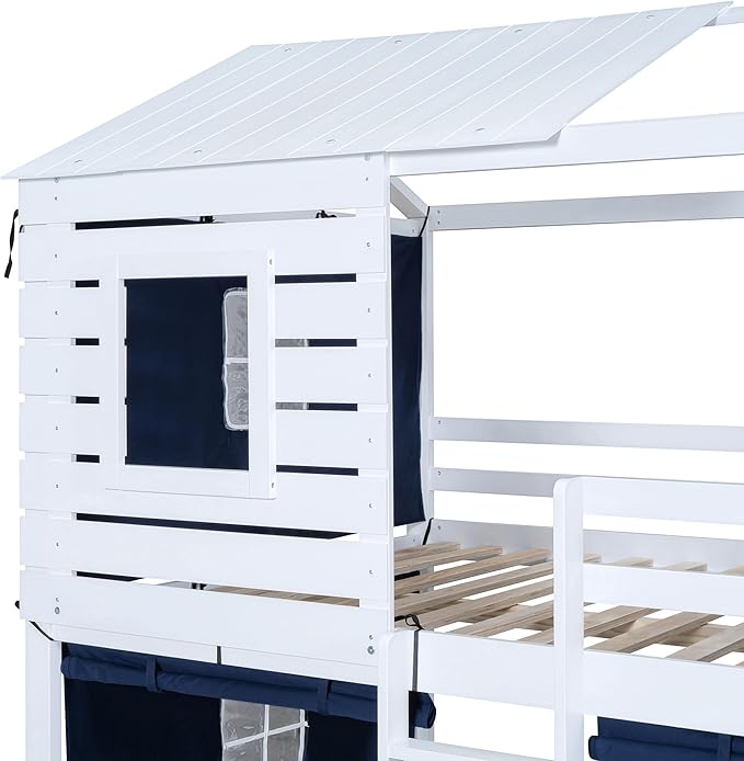 Full Size House Bed Tent Bed with Windows for Kids Teens Boys Girls, Solid Wood Bunk Bed Frame with Guardrails, Versatile Spacious Under Bed Space with Curtains (Blue-Tent Full)
