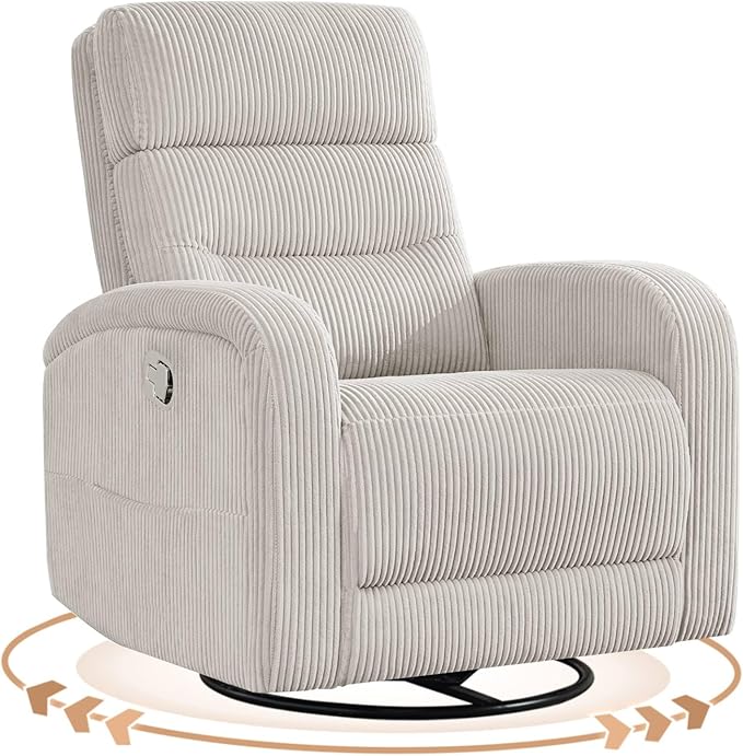 Swivel Recliner Chair for Adult, Upholstered Rocker Recliner Glider for Nursery, Manual Comfort Rocking Recliners for Living Room, Bedroom, Corduroy Camel