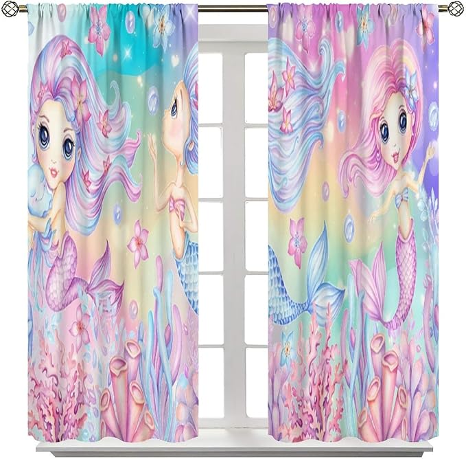 Cartoon Mermaid Kids Curtain Fantasy Ocean Theme Coral Flower Floral Window Treatment for Kids Girls Bedroom Nursery Room Decor Rod Pocket Blackout Window Drapes 42x63in
