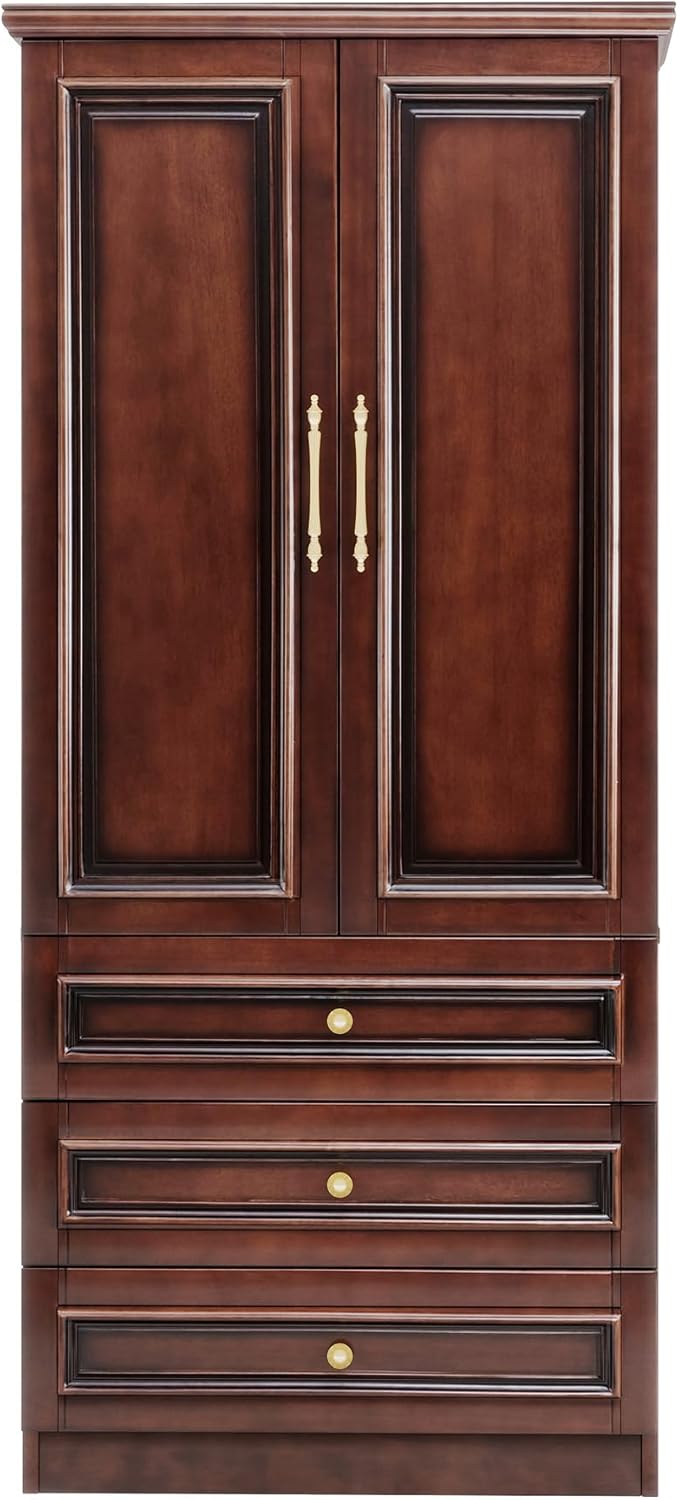 Solid Wood Armoire:Wardrobe Cabinet with Drawers and Hanging Rod,Storage Closet Clothes Organizer for Bedroom Cherry Finish