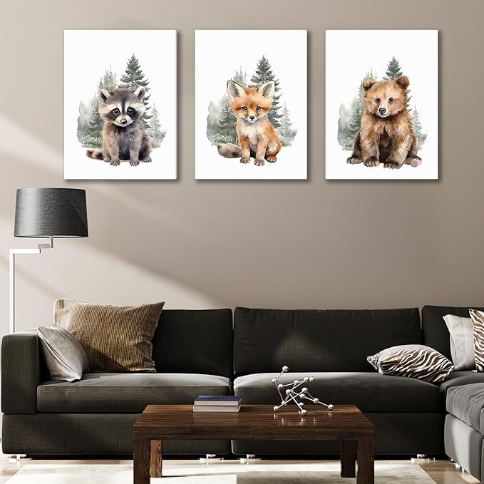 Shwing 3Pcs Safari Nursery Decor - Cute Animals Canvas Wall Art - Framed 24x16 Inch