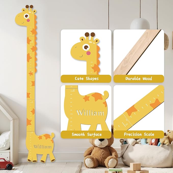 Personalized Name Growth Chart for Kids – Giraffe Height Chart for Boys and Girls, Wooden Height Chart Measuring Board 63" x 15.3"